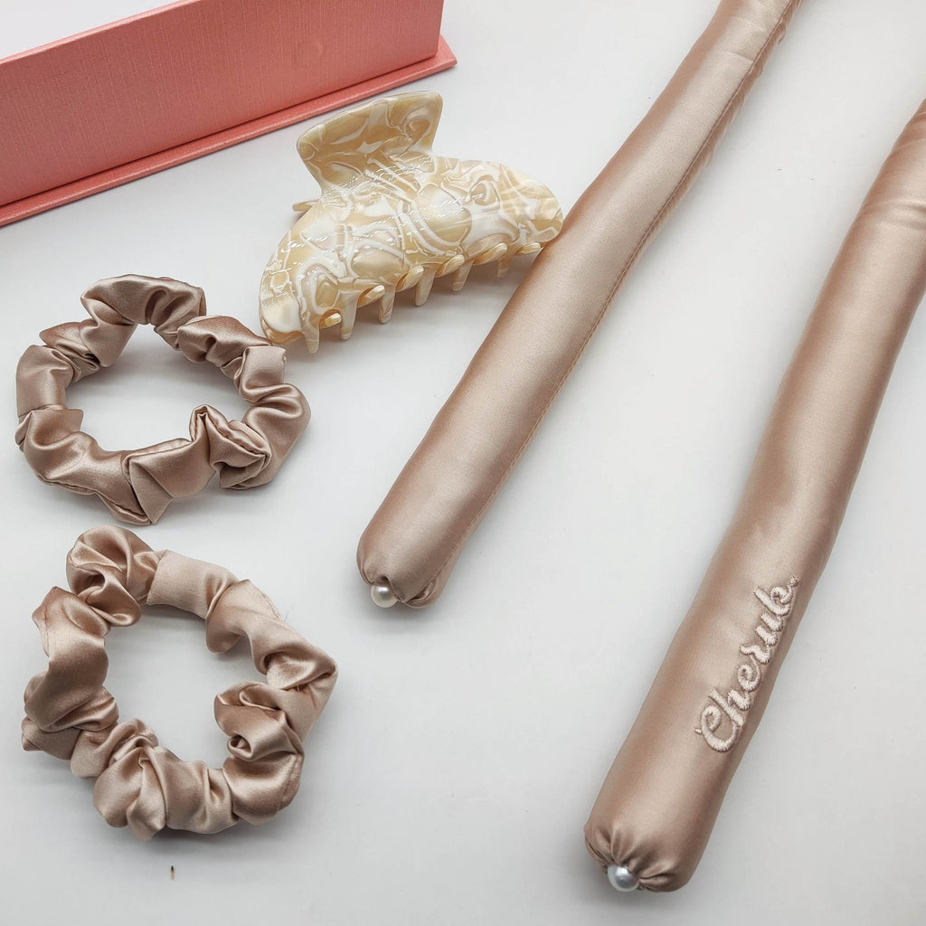 Rose Gold Cherub Silk Curling Ribbon with silk scrunchies and claw clip. Free shipping in Australia